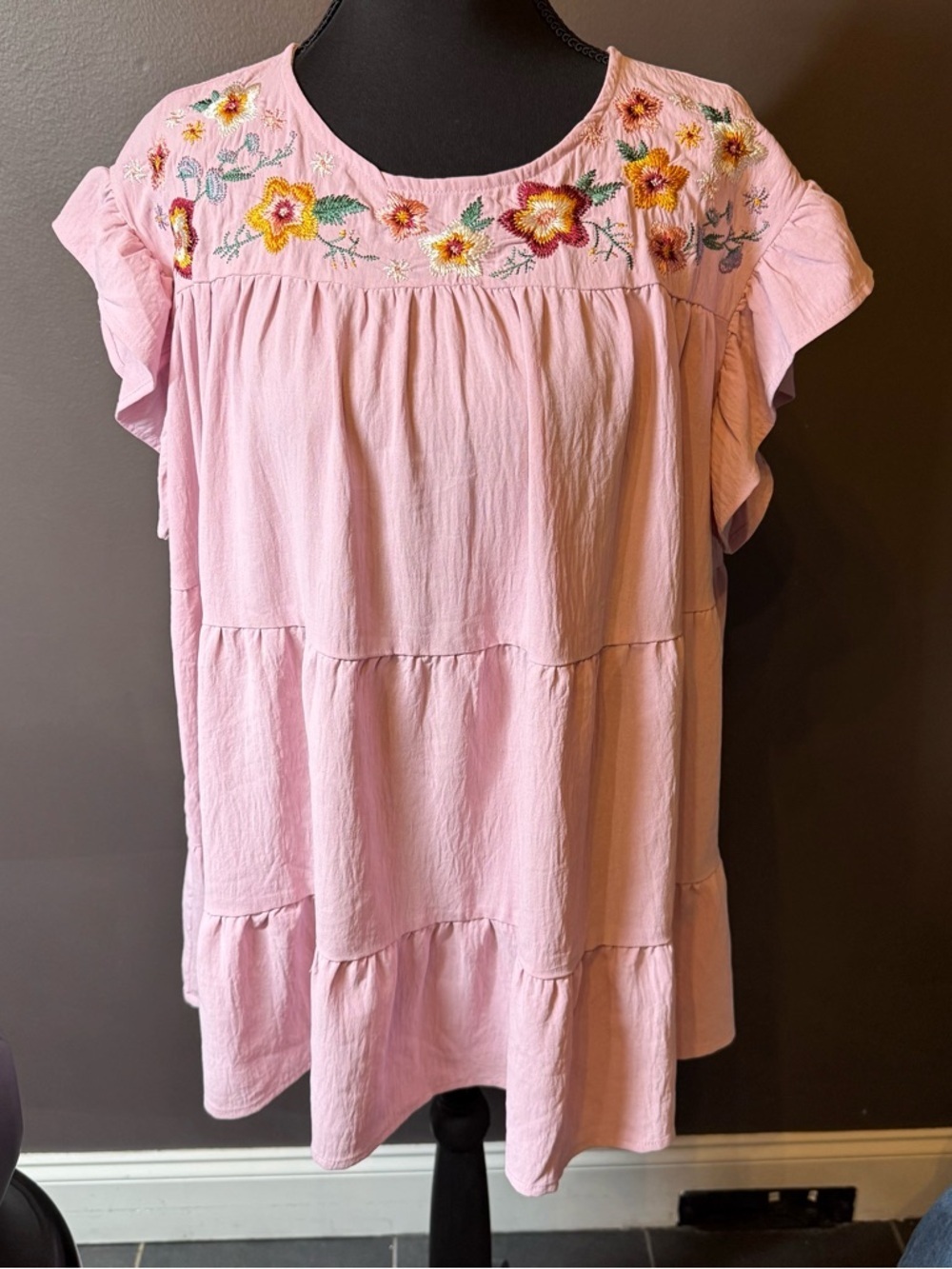 Pink Embroidered Flutter Sleeve Tiered Tunic